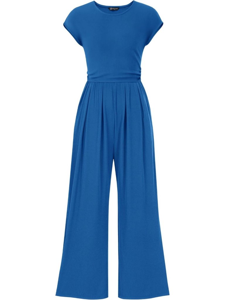 Women's Jumpsuits Blue Crewneck Casual Cap Sleeve Outfit Wide Leg Pant Rompers